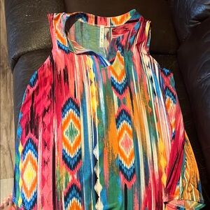 Pink and Blue Sleeveless Pleated Blouse with Mandarin Collar